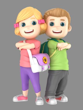 Sevimli sarışın küçük erkek ve kız kendinden emin ve gurur giyen poşetleri 3D illustraion