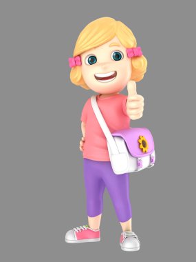 Sevimli sarışın küçük kız çanta giyen işareti Yaşasın gösterilen 3D render
