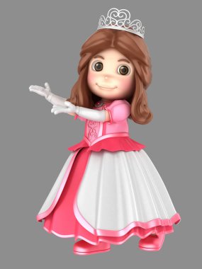 3D resimde güzel bir pembe prenses şirin bir kız elbise bir şey sunmak