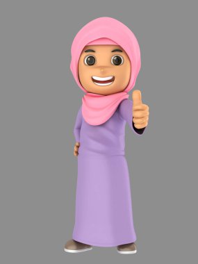 sevimli Müslüman küçük kız işareti Yaşasın gösterilen 3D çizimi