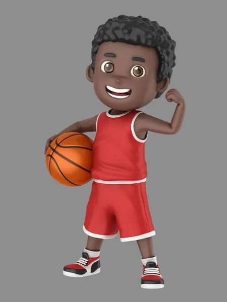 一个可爱的非洲裔美国人的孩子拿着一个篮球在制服弯曲他的手臂插图 — 图库照片