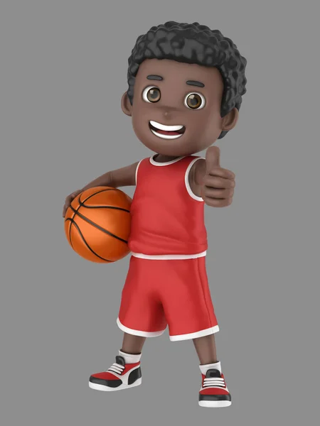一个可爱的非洲裔美国孩子拿着一个篮球和显示数字竖起大拇指标志穿制服的插图 — 图库照片