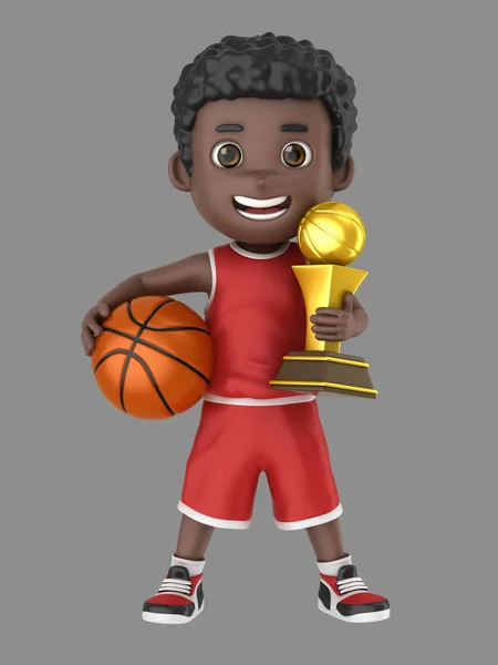 Ilustração Menino Afro Americano Bonito Segurando Basquete Troféu Uniforme — Fotografia de Stock