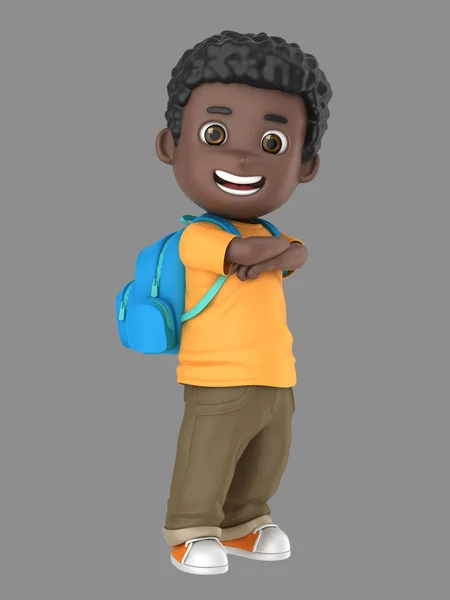 かわいいアフリカ系アメリカ人少し男の子自信と誇りを持って身に着けているバッグの イラストを描く — ストック写真