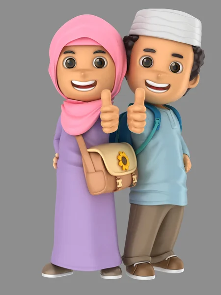 Illustration Cute Muslim Little Boy Girl Showing Thumbs Sign Wearing — Stock Photo, Image