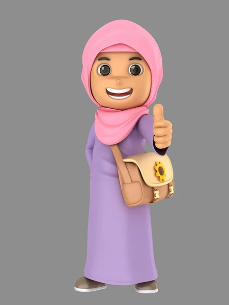 Ilustrasi Lucu Muslim Gadis Kecil Menunjukkan Jempol Tanda Mengenakan Tas — Stok Foto