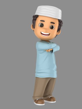 şirin Müslüman küçük çocuk kendinden emin ve gurur 3D illustraion