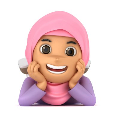 Sevimli Asya Müslüman kız yere gülümseyen döşeme 3D çizimi
