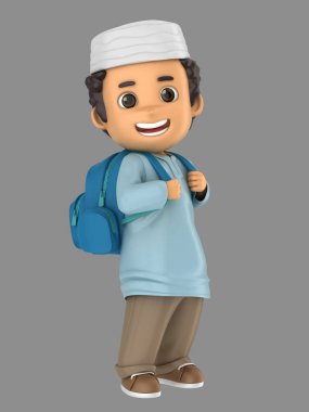 bir Müslüman yakışıklı bir sırt çantası taşıyan okul için hazır 3D çizimi