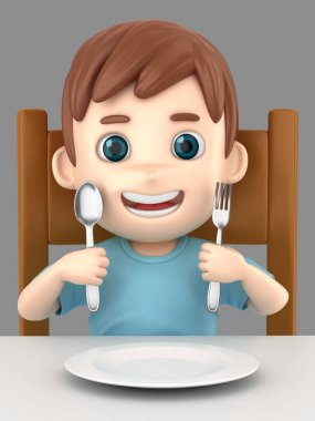 sevimli çocuk holding kaşık ve çatalı yemek masası yemeye hazır 3D çizimi