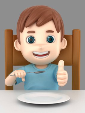 3D illüstrasyon işareti yaşasın yemek masası üzerinde gösterilen kaşık tutan bir şirin çocuk