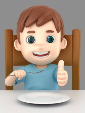 3D illüstrasyon işareti yaşasın yemek masası üzerinde gösterilen çatal tutan bir şirin çocuk