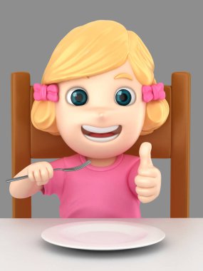 3D illüstrasyon işareti yaşasın yemek masası üzerinde gösterilen çatal tutan bir şirin kız