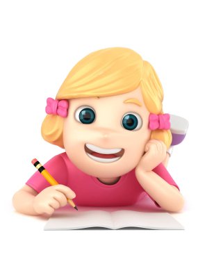 bir kız yerde döşeme süre yazma 3D çizimi