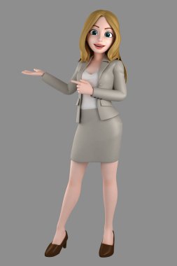 Genç iş kadını bir şeye işaret ofis kıyafet içinde 3D çizimi