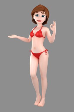 Mayo ya da bir şey sunmak bikini seksi bir kız 3D çizimi ve ok işareti