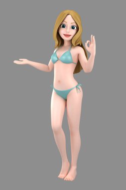Mayo ya da bir şey sunmak bikini seksi bir kız 3D çizimi ve ok işareti