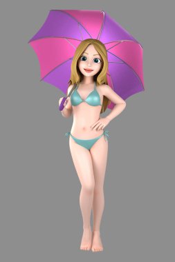 Mayo ya da bikini holding şemsiye seksi bir kız 3D çizimi