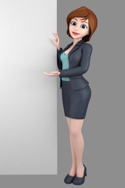 Genç iş kadını beyaz boş tahta ile ofis kıyafet içinde 3D çizimi