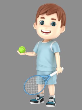 bir çocuk bir raket ve top tutan tenis üniformalı 3D çizimi