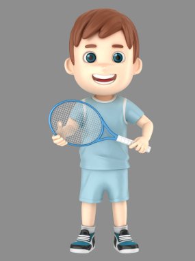 bir çocuk bir raket tutarak tenis üniformalı 3D çizimi