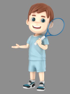 bir çocuk bir şey sunmak tenis üniformalı 3D çizimi