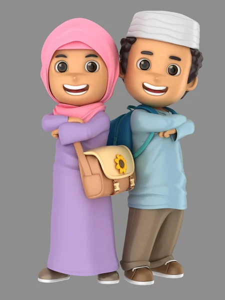 Illustraion Cute Muslim Little Boy Girl Confident Proud Wearing Bags — Stock Photo, Image
