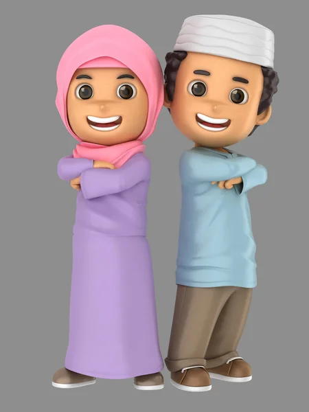 Illustration Von Niedlichen Muslimischen Kleinen Jungen Und Mädchen Selbstbewusst Und — Stockfoto