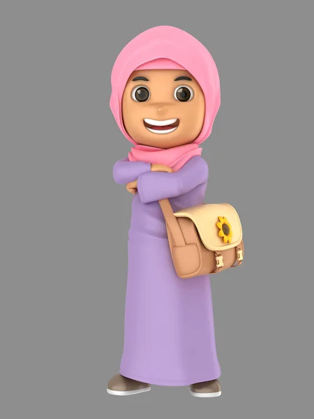 Illustraion Van Schattige Moslim Meisje Vol Vertrouwen Trots Dragen Zakje — Stockfoto