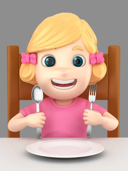 Illustration Une Jolie Fille Tenant Cuillère Fourchette Sur Table Manger — Photo