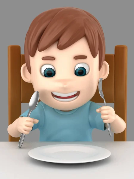 Sevimli Çocuk Holding Kaşık Çatalı Yemek Masası Yemeye Hazır Çizimi — Stok fotoğraf
