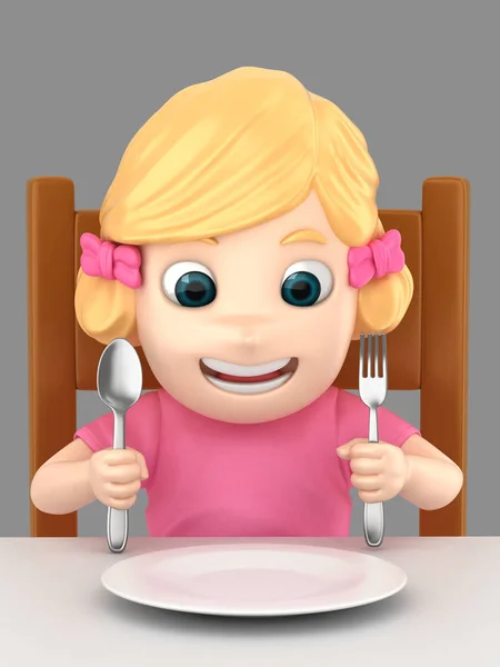 Egy Aranyos Lány Gazdaság Kanalat Villát Ebédlőasztal Fogyasztásra Kész Illusztráció — Stock Fotó