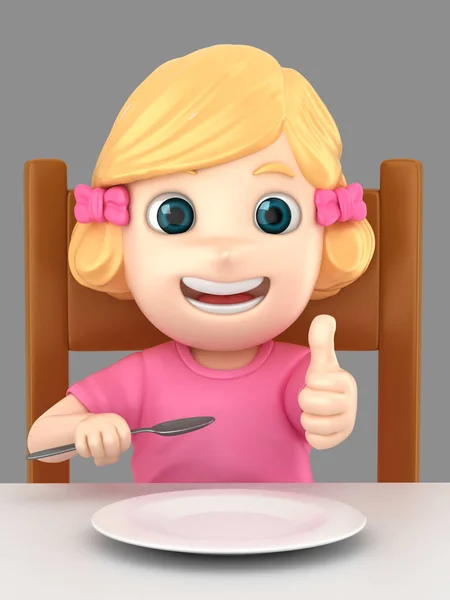 Illustration Cute Girl Holding Spoon Showing Thumbs Sign Dining Table — Stock Photo, Image