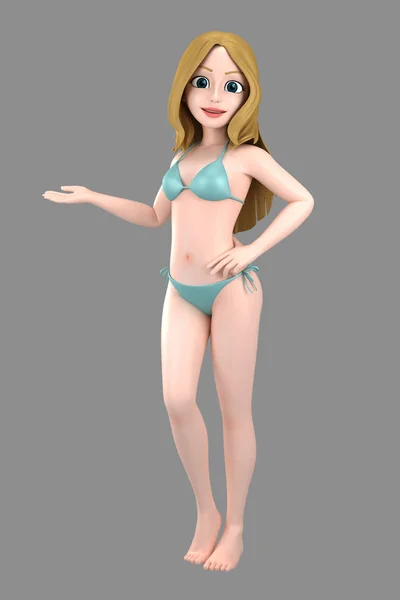 Illustrazione Una Ragazza Sexy Costume Bagno Bikini Che Presenta Qualcosa — Foto Stock