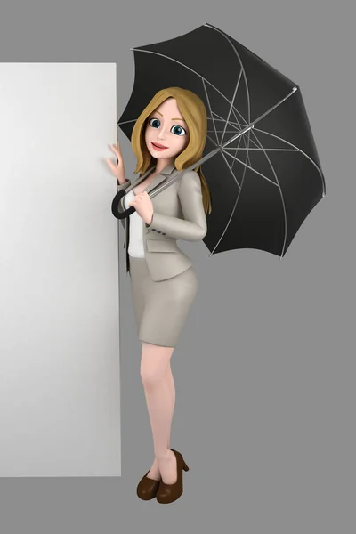 空白のホワイト ボードと傘を持ってのオフィスの装いで若い女性の イラストレーション — ストック写真