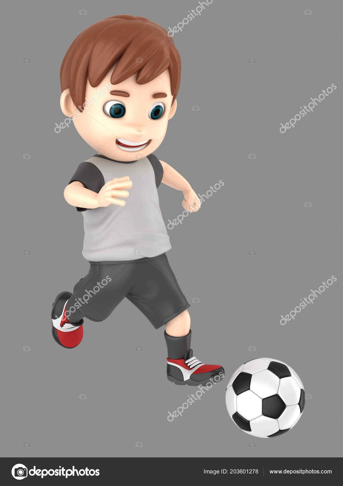 Renderização 3d de menino jogando futebol