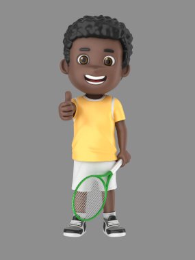 3D illüstrasyon işareti Yaşasın gösterilen bir raket tutarak tenis üniformalı bir Afro-Amerikan çocuk