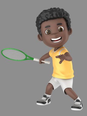 bir raket tutarak tenis üniformalı bir Afro-Amerikan çocuk 3D çizimi