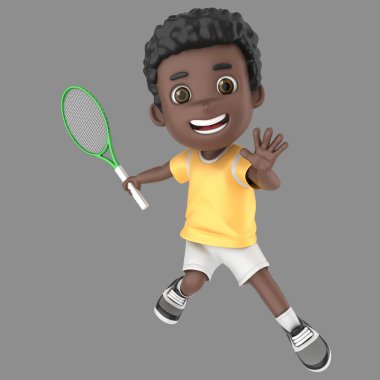 bir raket tutarak tenis üniformalı bir Afro-Amerikan çocuk 3D çizimi