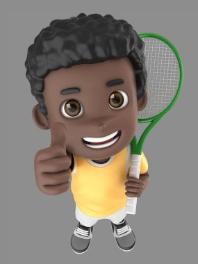 3D illüstrasyon işareti Yaşasın gösterilen bir raket tutarak tenis üniformalı bir Afro-Amerikan çocuk