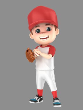 bir çocuk bir top elinde beyzbol üniformalı 3D çizimi