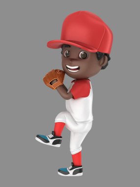 beysbol bir Afro-Amerikan çocuk 3D çizim üniforma adım için hazır