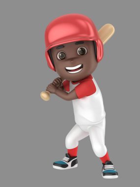 beysbol bir Afro-Amerikan çocuk 3D çizim üniforma yarasa sallanmaya hazır