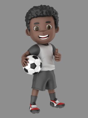 Futbolda işareti Yaşasın gösterilen tek tip bir Afro-Amerikan çocuk 3D çizimi