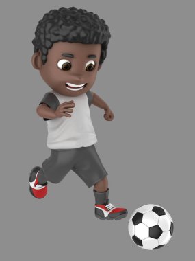 topu tekmeleme futbol üniformalı bir Afro-Amerikan çocuk 3D çizimi
