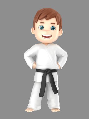 3D çizimi karate yapıyor kimono içinde bir oğlan