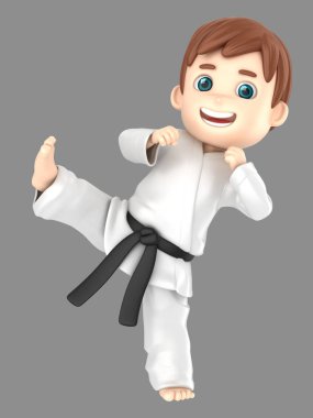 3D çizimi karate yapıyor kimono içinde bir oğlan