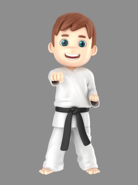 3D çizimi karate yapıyor kimono içinde bir oğlan