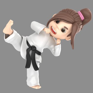 bir kız karate yapıyor kimono içinde 3D çizimi