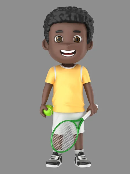 ラケットとボールを保持のテニスのユニフォームでアフリカ系アメリカ人の少年の イラストレーション — ストック写真